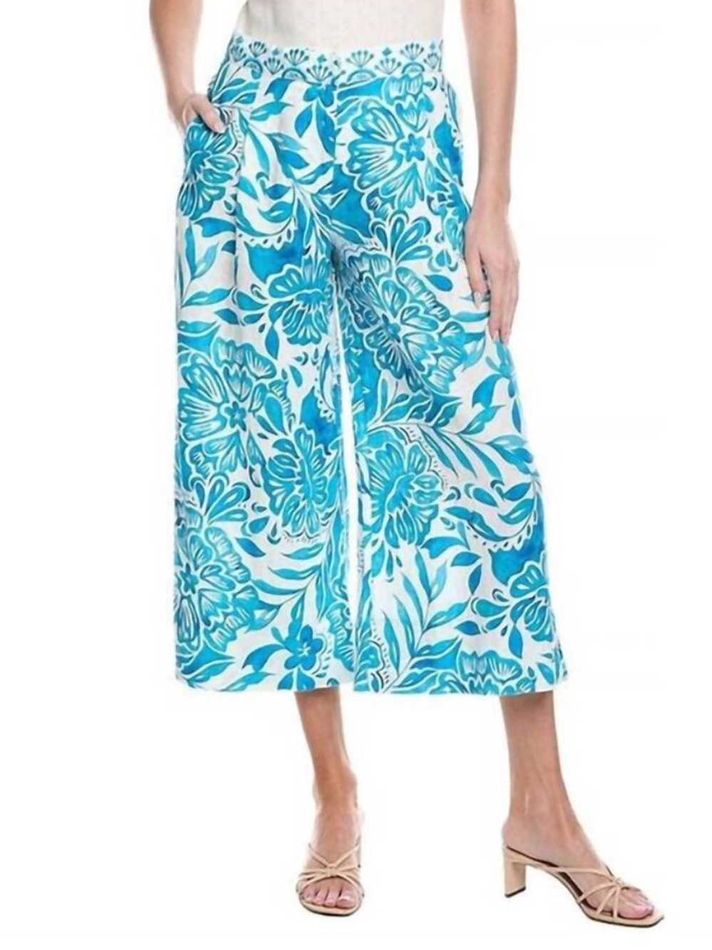 Johnny Was blue white linen pleated culotte wide leg pants size XL NWT